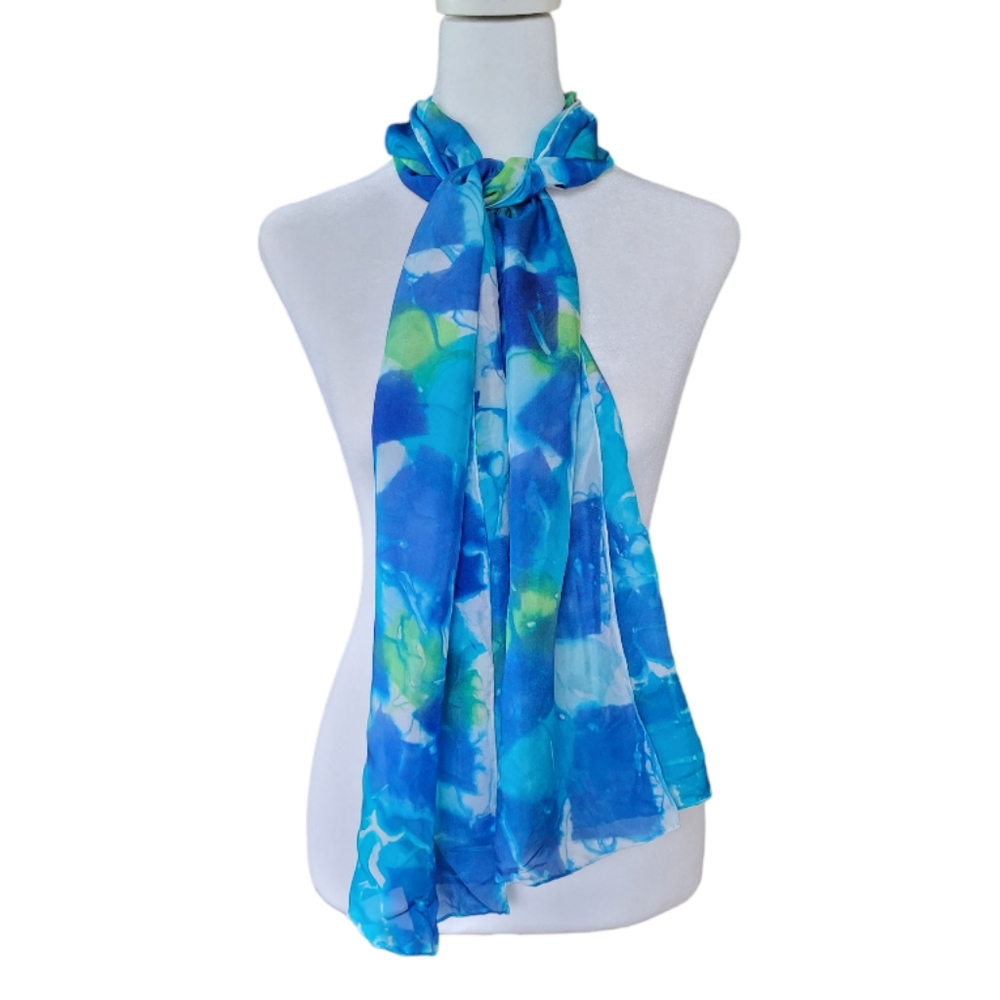 100% Silk Scarf Blue and Green Abstract Print